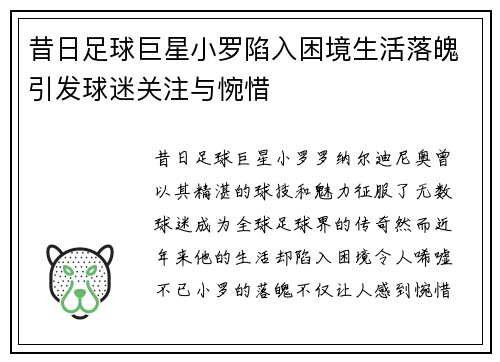 昔日足球巨星小罗陷入困境生活落魄引发球迷关注与惋惜